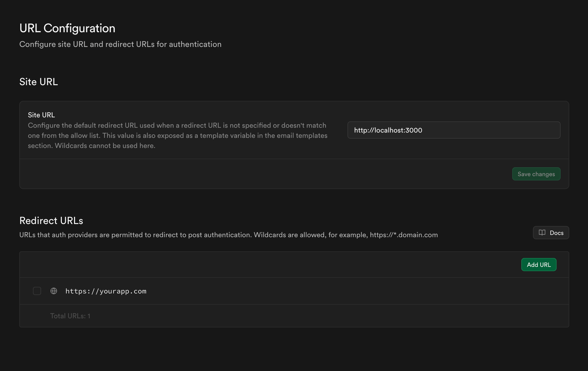 Supabase Authentication URL Configuration panel showing Site URL set to localhost:3000 — the most common cause of login loops in Lovable apps after deployment